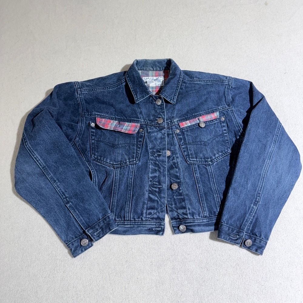 Vintage Jordache Denim Jacket Small Blue Plaid Lined Trucker Cotton RN 52992